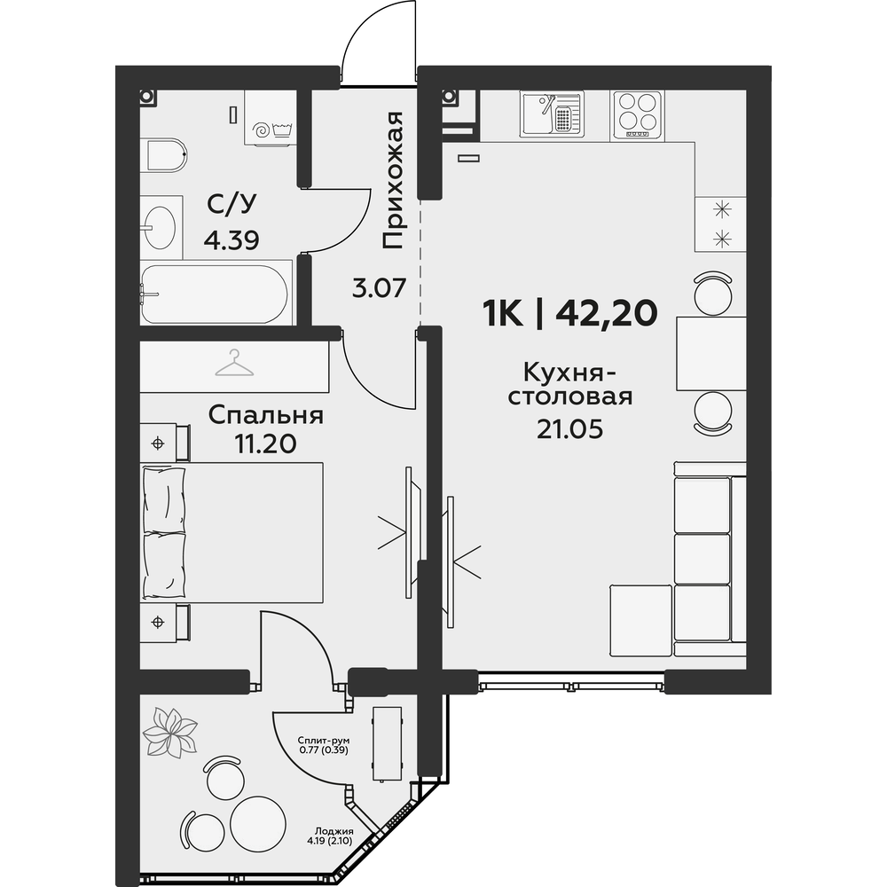 Планировка 1-комнатная 42,2 м²