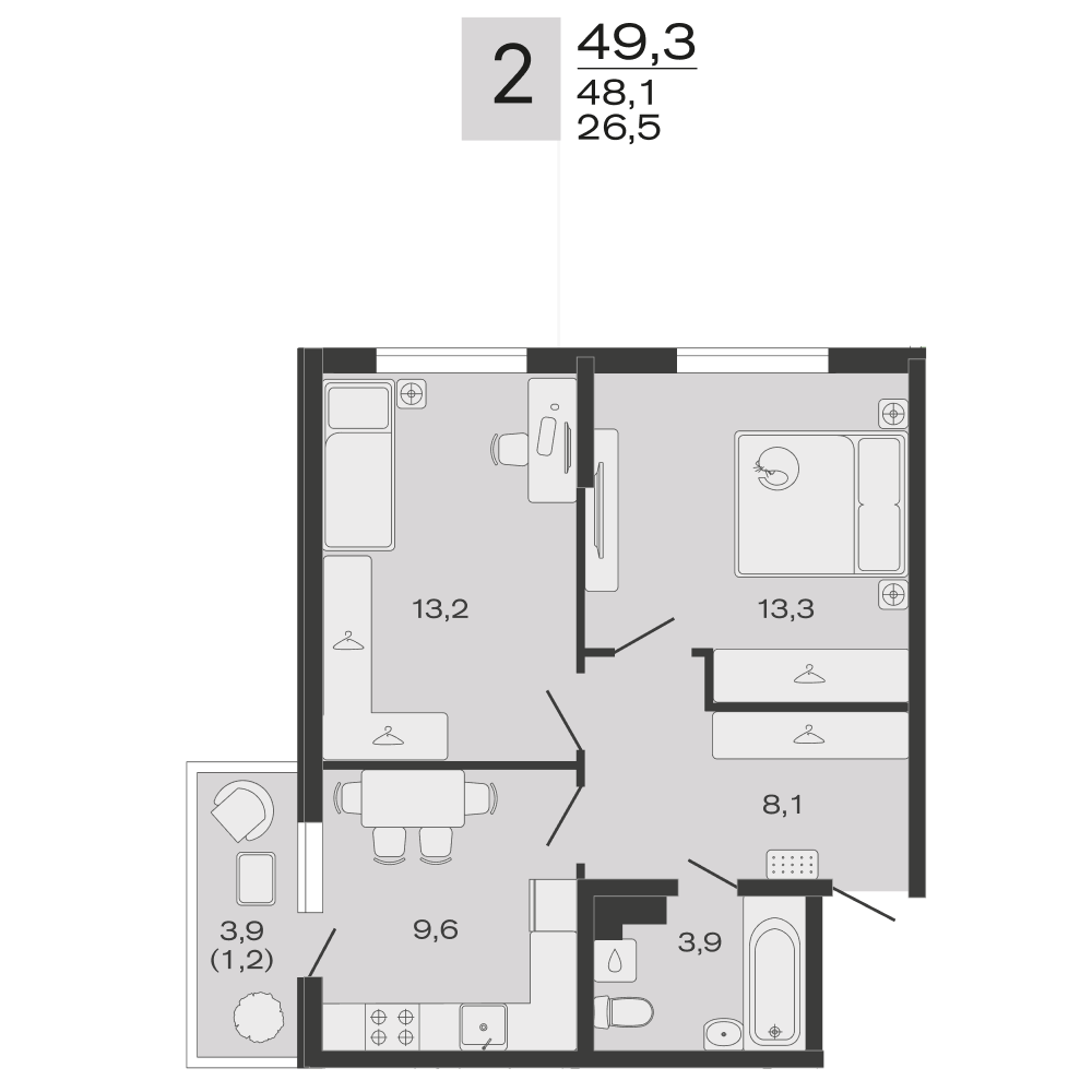 Планировка 1-комнатная 49,3 м²