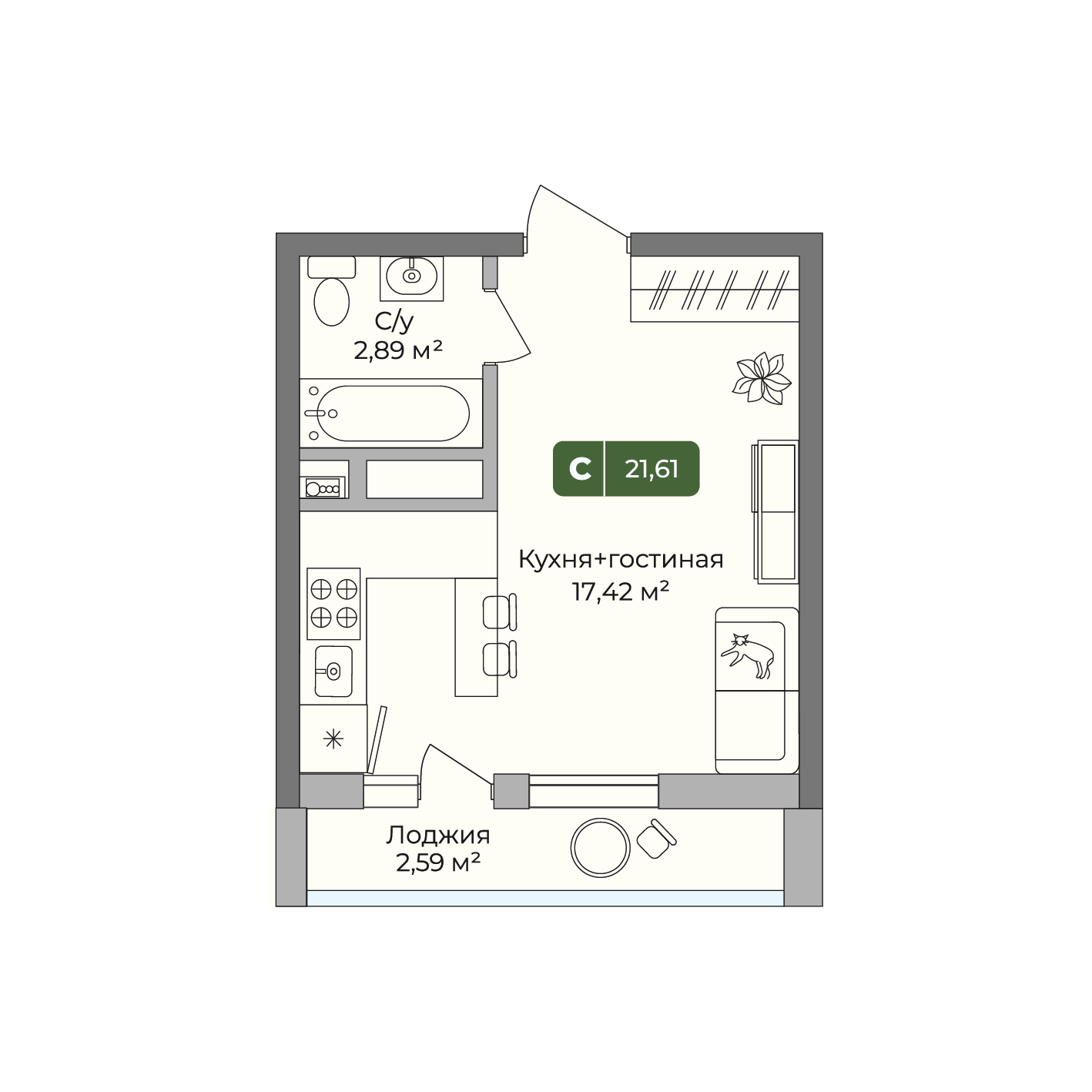 Планировка: Студия 21,6 м²