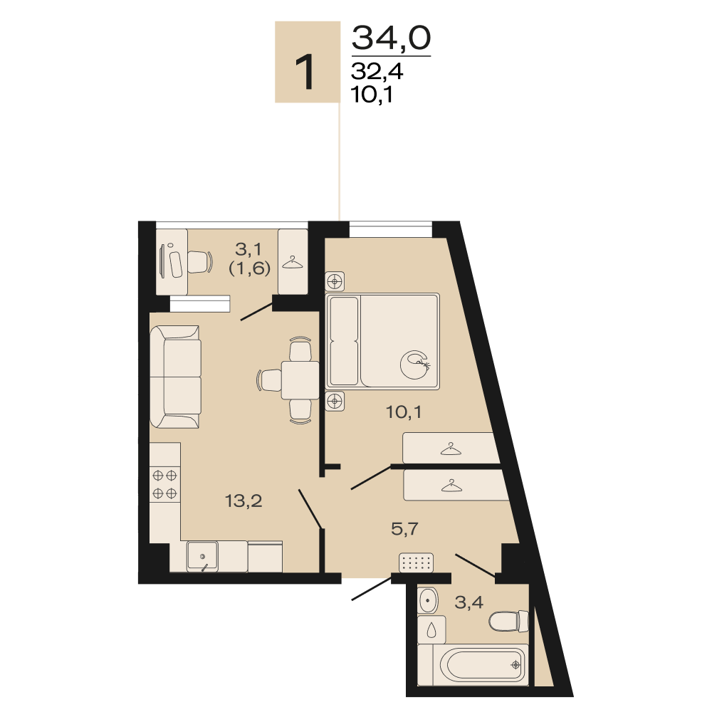 Планировка 1-комнатная 34 м²