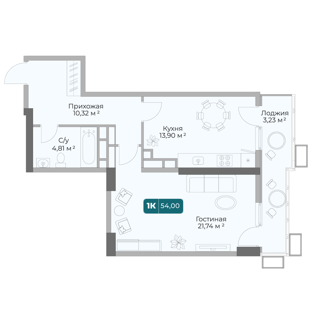 Планировка 1-комнатная 54 м²