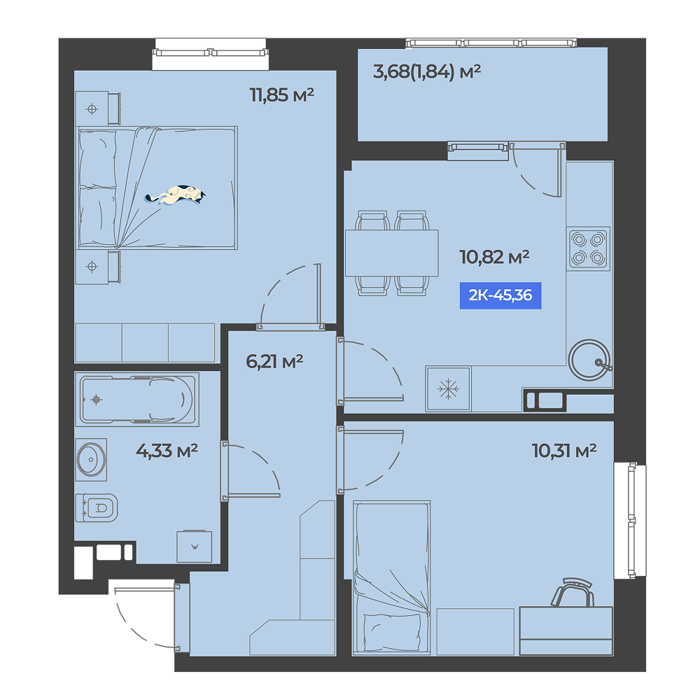 Планировка: 2-комн. квартира 45,4 м²
