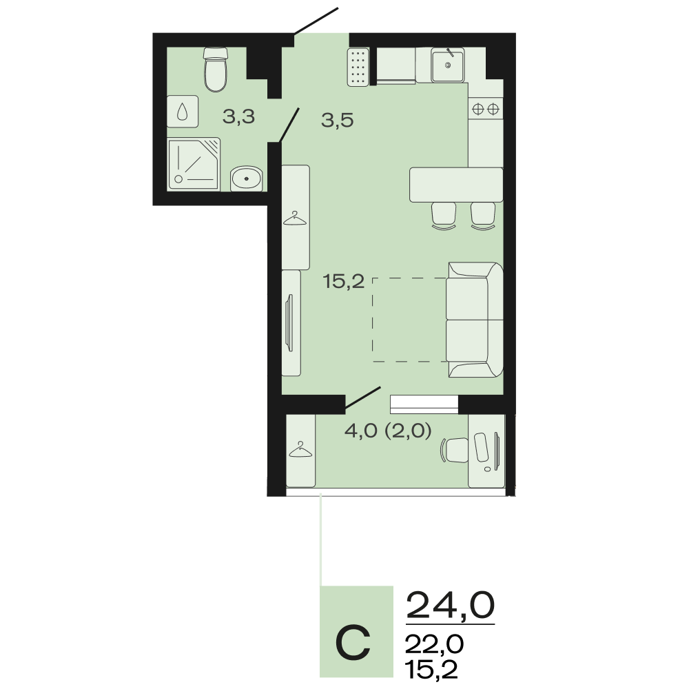 Планировка Студия 24 м²
