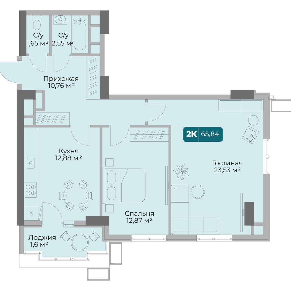 Планировка 2-комнатная 65,84 м²
