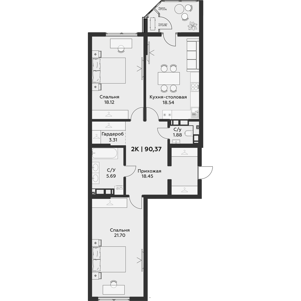 Планировка: 2-комн. квартира 90,4 м²