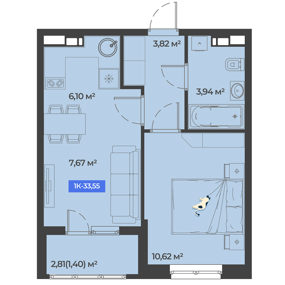 Планировка 1-комнатная 33,55 м²