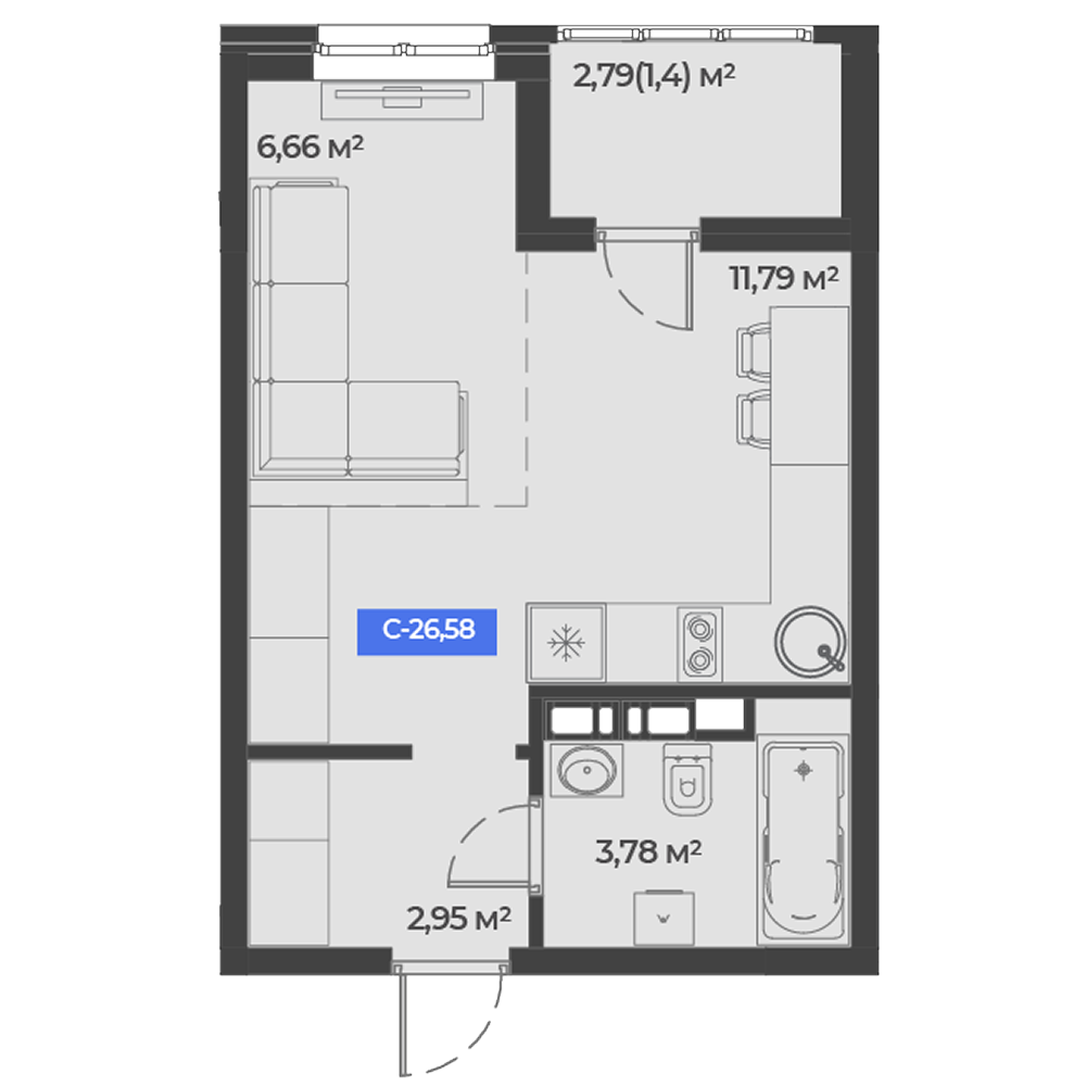 Планировка: Студия 26,6 м²