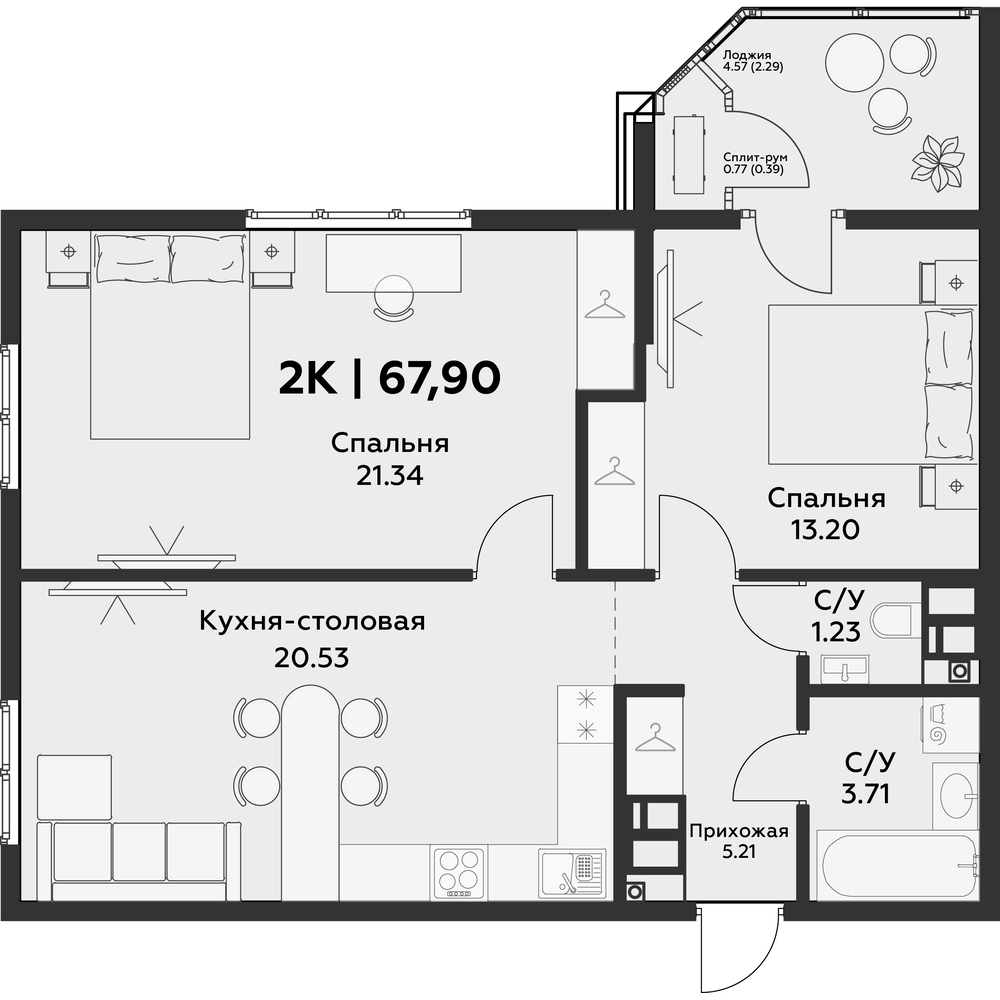 Планировка: 2-комн. квартира 67,9 м²
