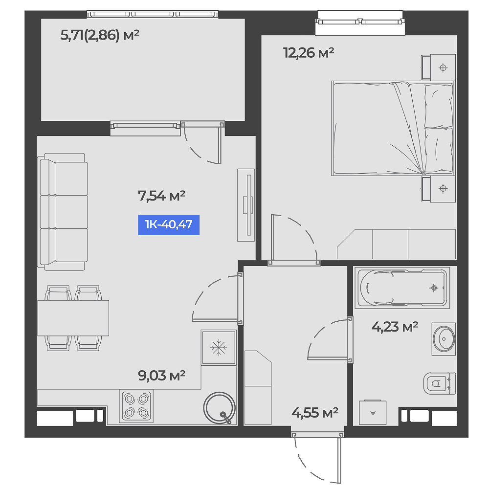Планировка 1-комнатная 40,47 м²