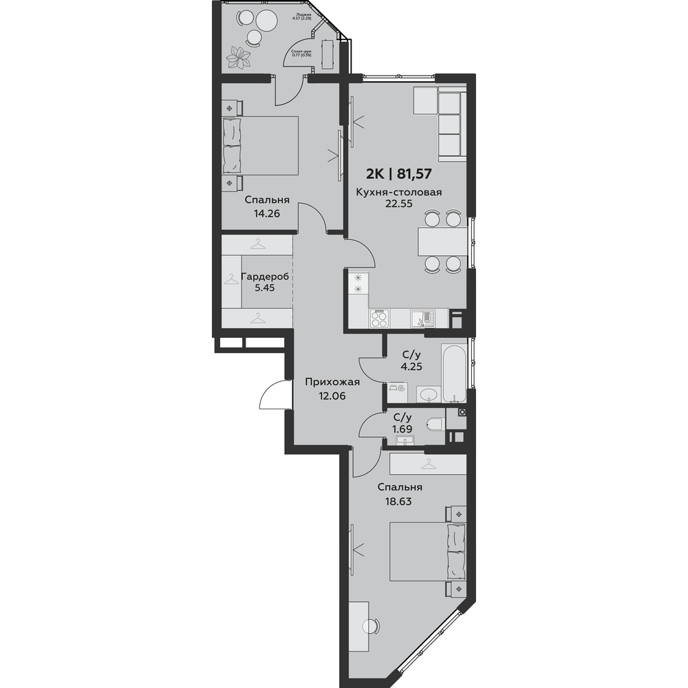 Планировка: 2-комн. квартира 81,6 м²