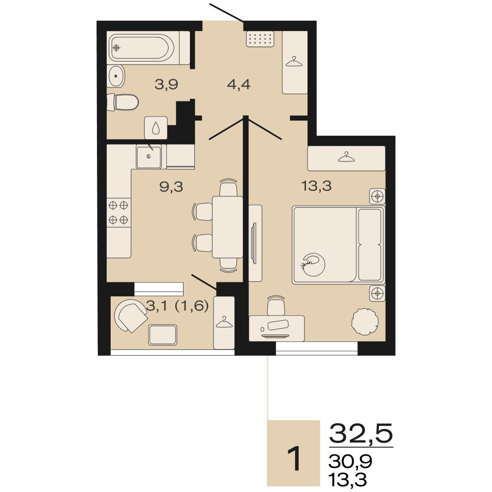 Планировка 1-комнатная 32,5 м²
