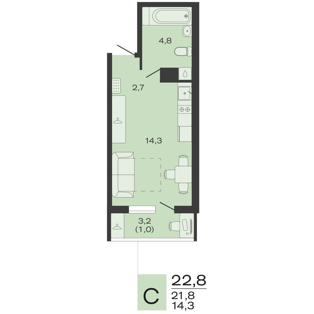 Планировка: Студия 22,8 м²
