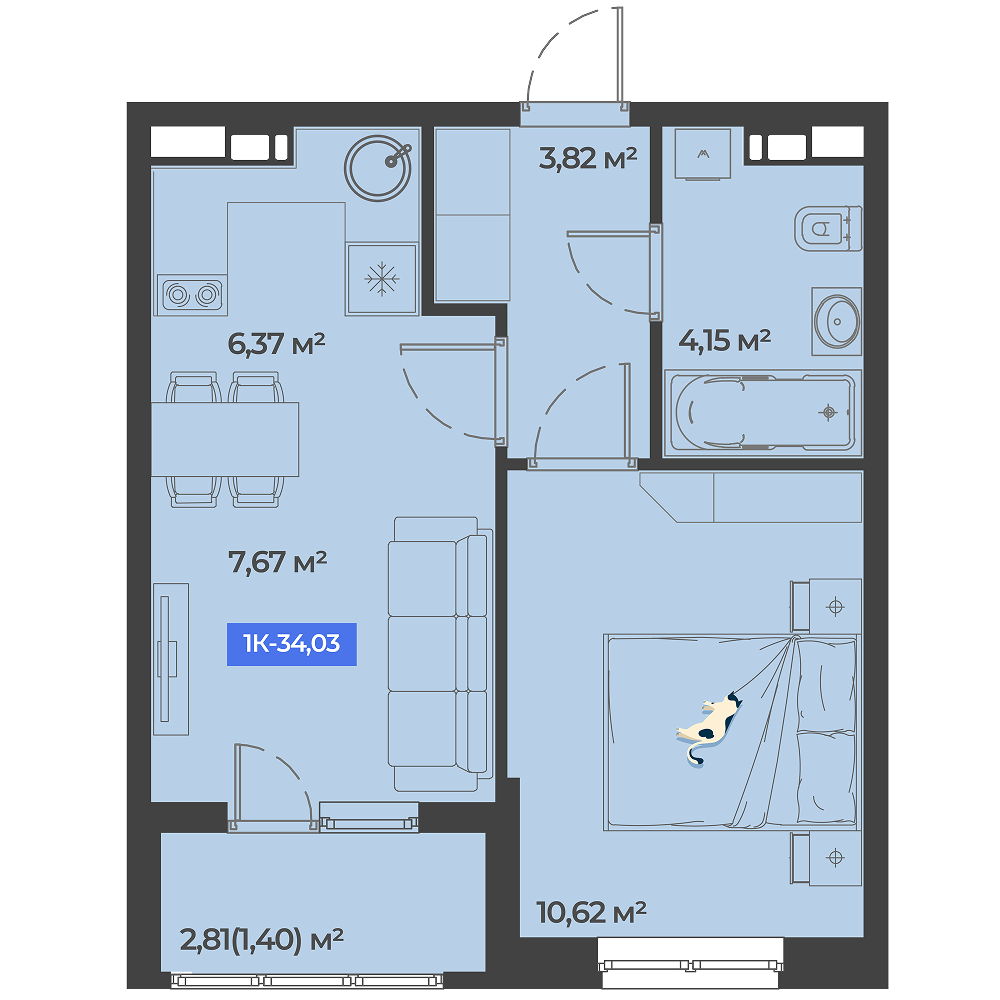 Планировка 1-комнатная 34,03 м²