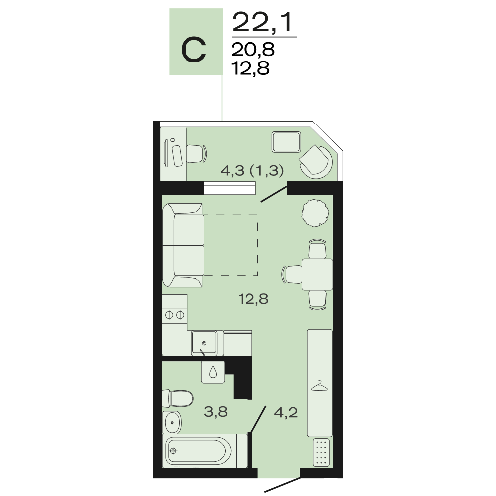 Планировка Студия 22,1 м²