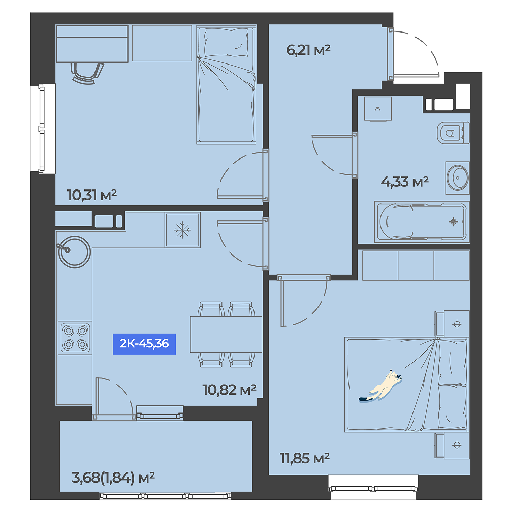Планировка 2-комнатная 45,36 м²