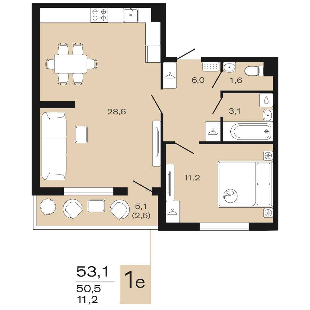 Планировка 1-комнатная 53,1 м²