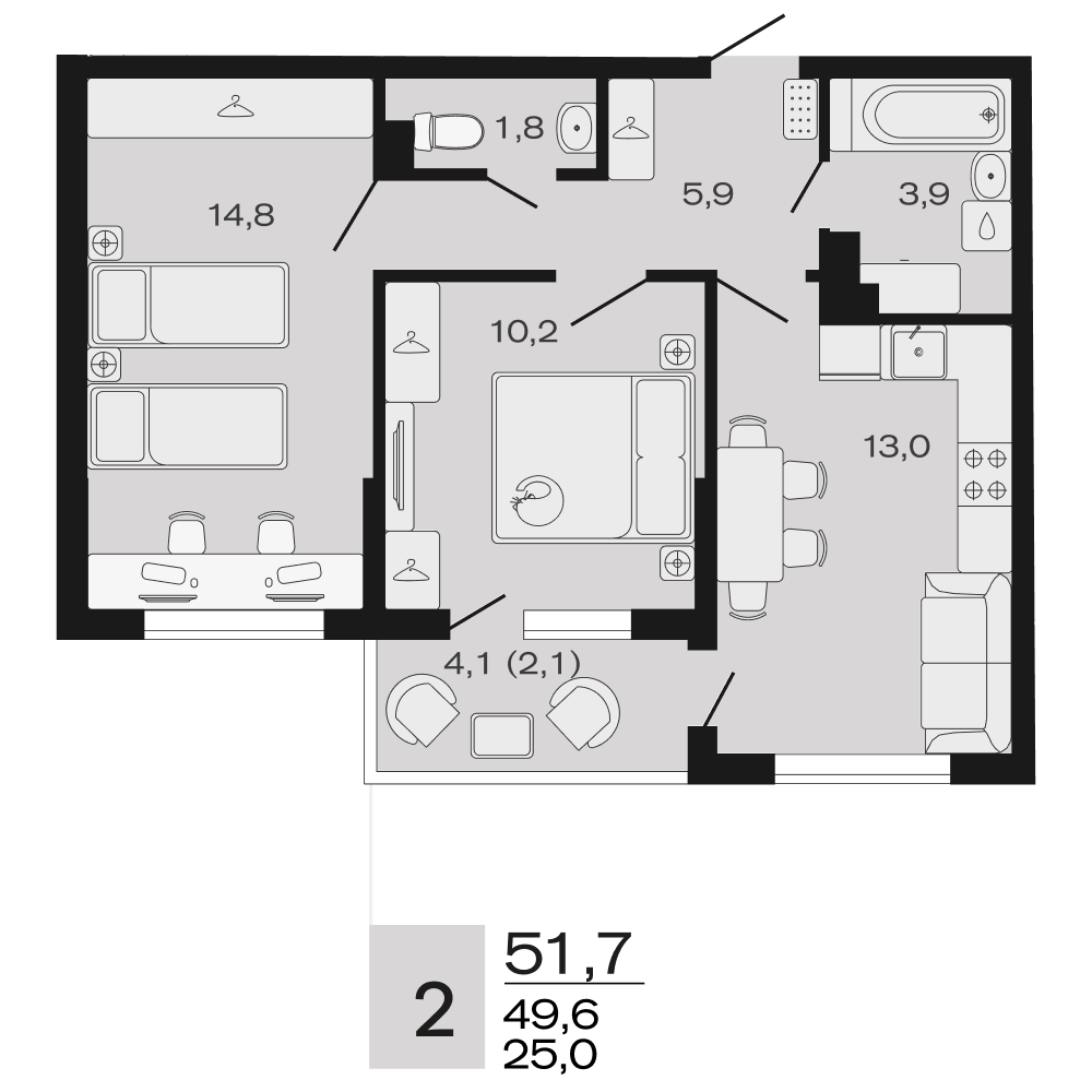 Планировка 2-комнатная 51,7 м²
