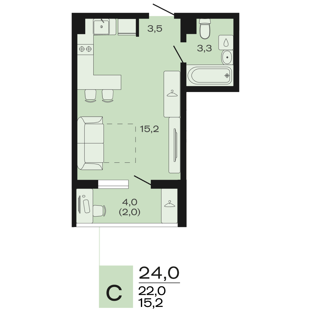 Планировка: Студия 24 м²
