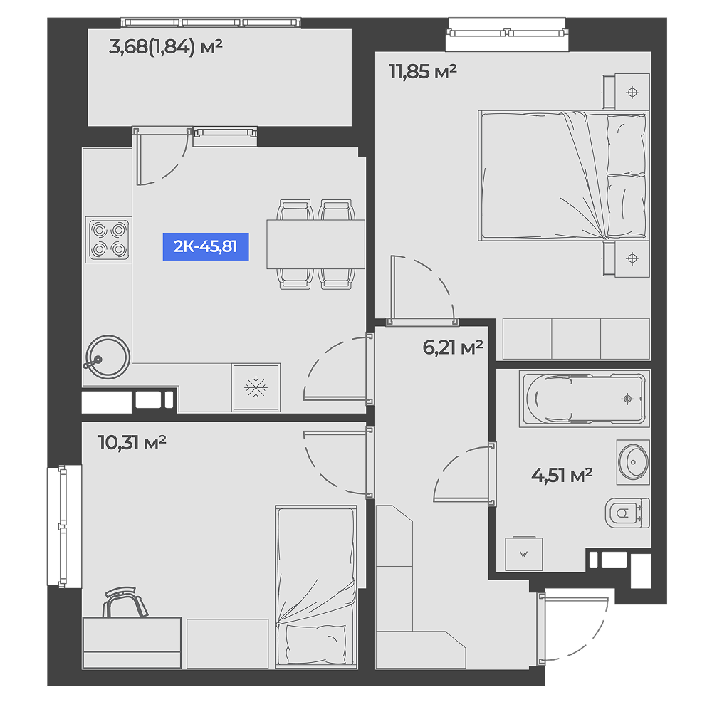 Планировка: 2-комн. квартира 45,8 м²