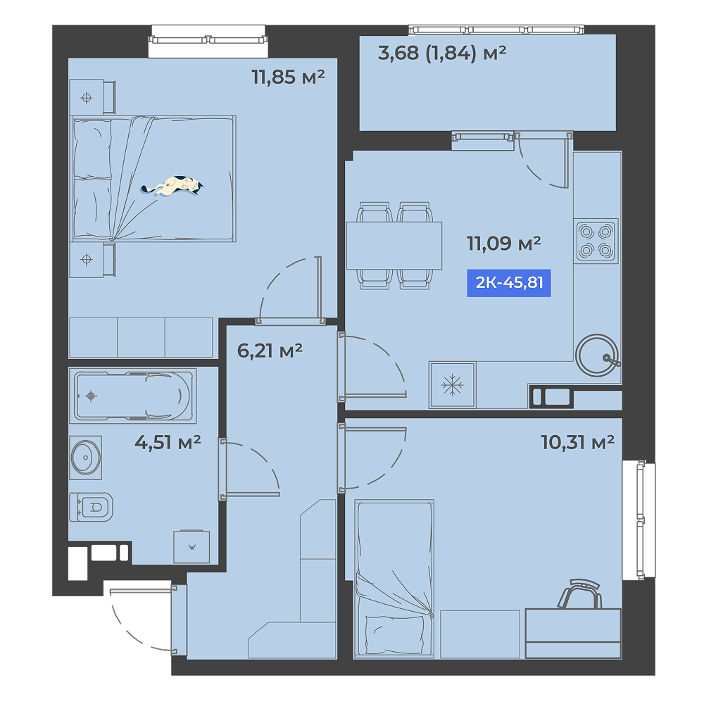 Планировка: 2-комн. квартира 45,8 м²