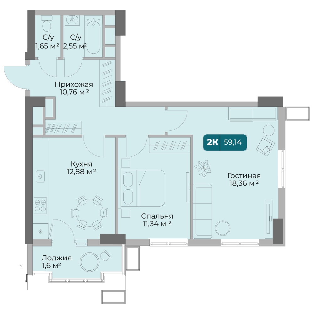 Планировка: 2-комн. квартира 59,1 м²