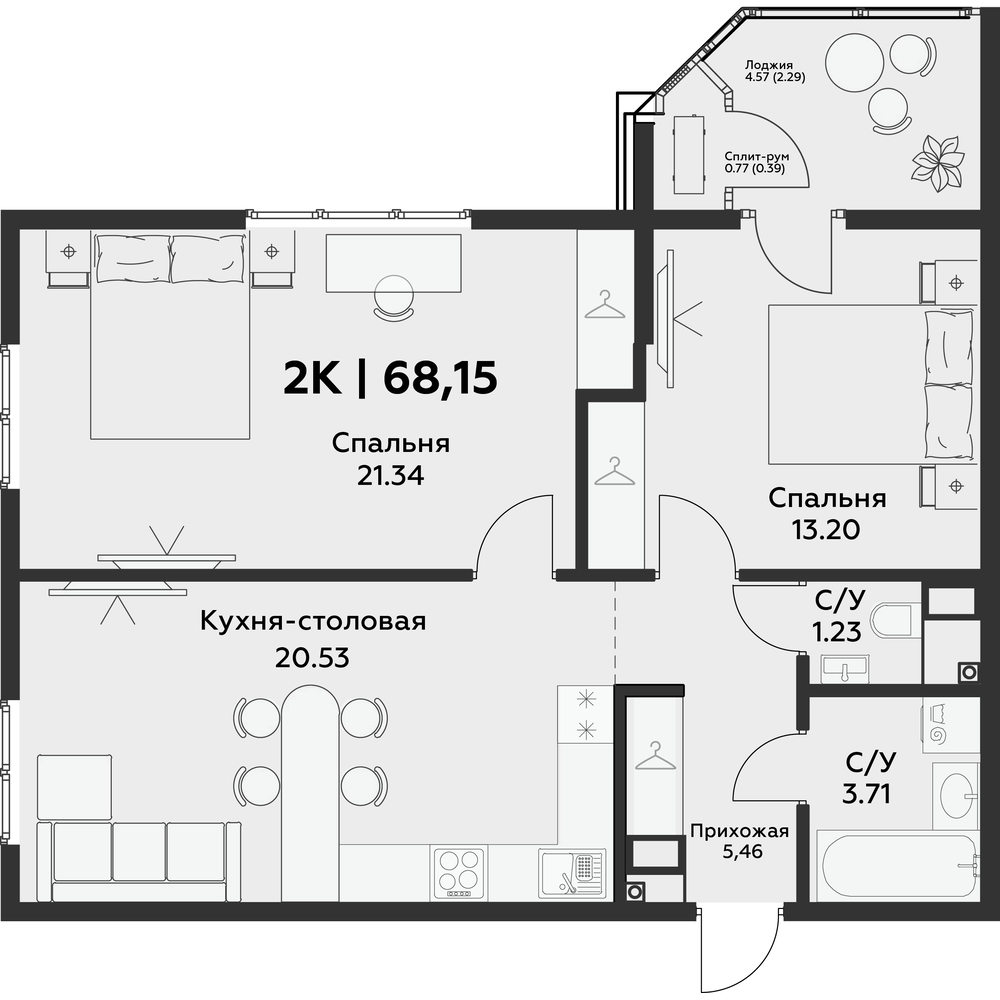 Планировка 2-комнатная 68,15 м²