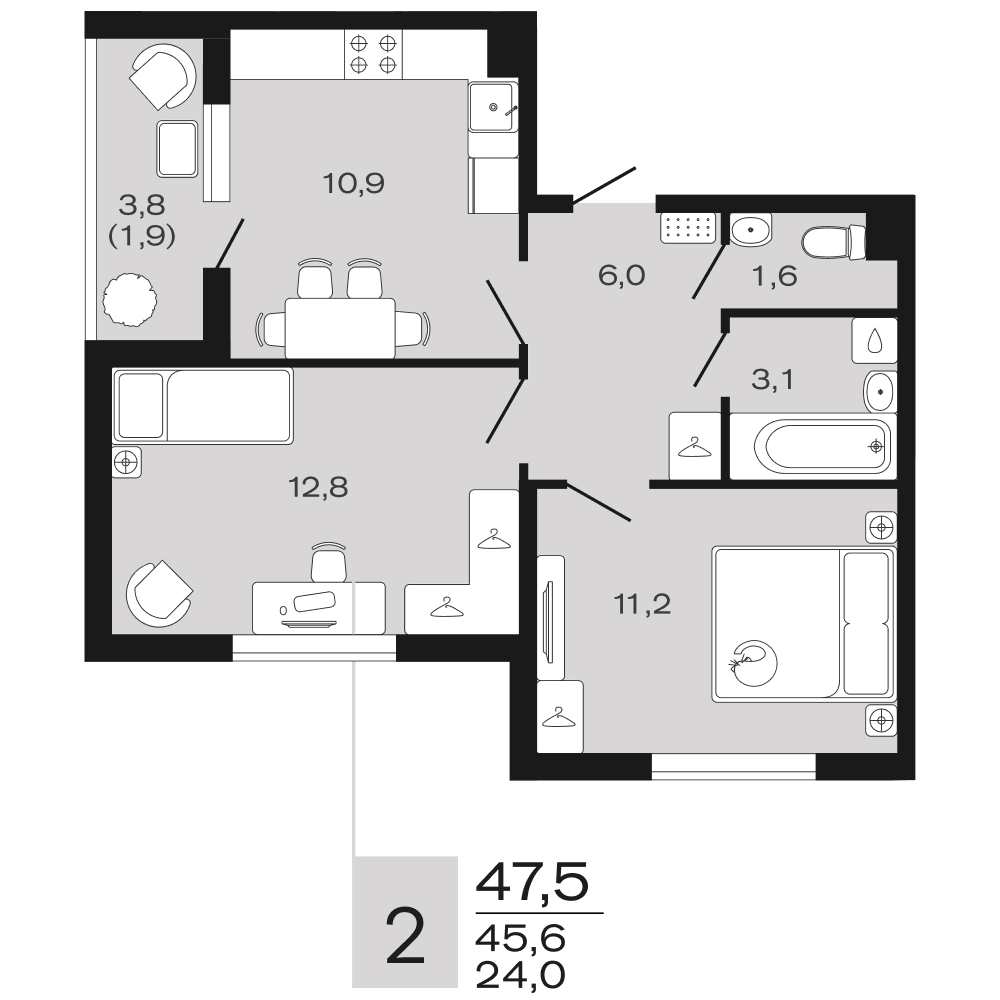Планировка 2-комнатная 47,5 м²