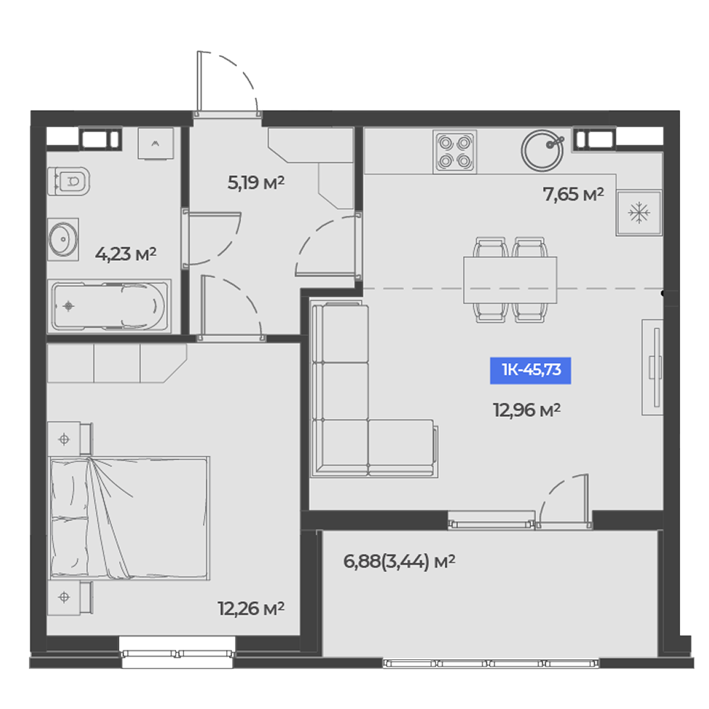 Планировка 1-комнатная 45,73 м²