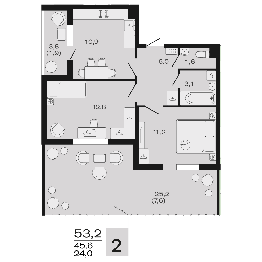 Планировка 2-комнатная 53,2 м²