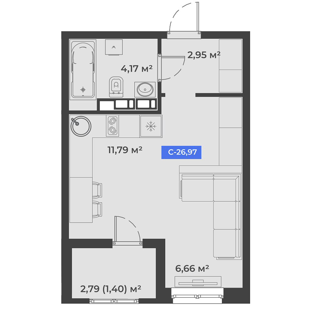 Планировка: Студия 27 м²