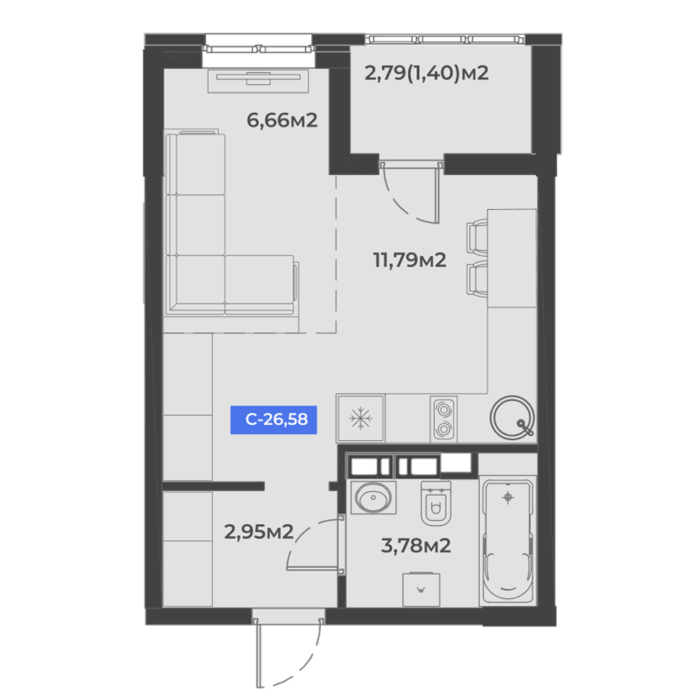 Планировка: Студия 26,6 м²