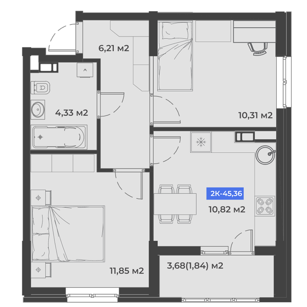 Планировка 2-комнатная 45,36 м²