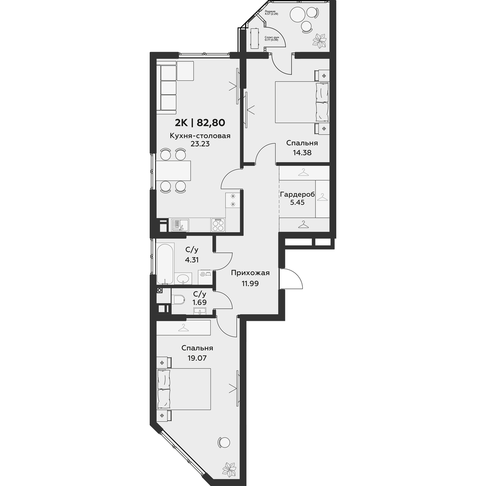 Планировка 2-комнатная 82,8 м²