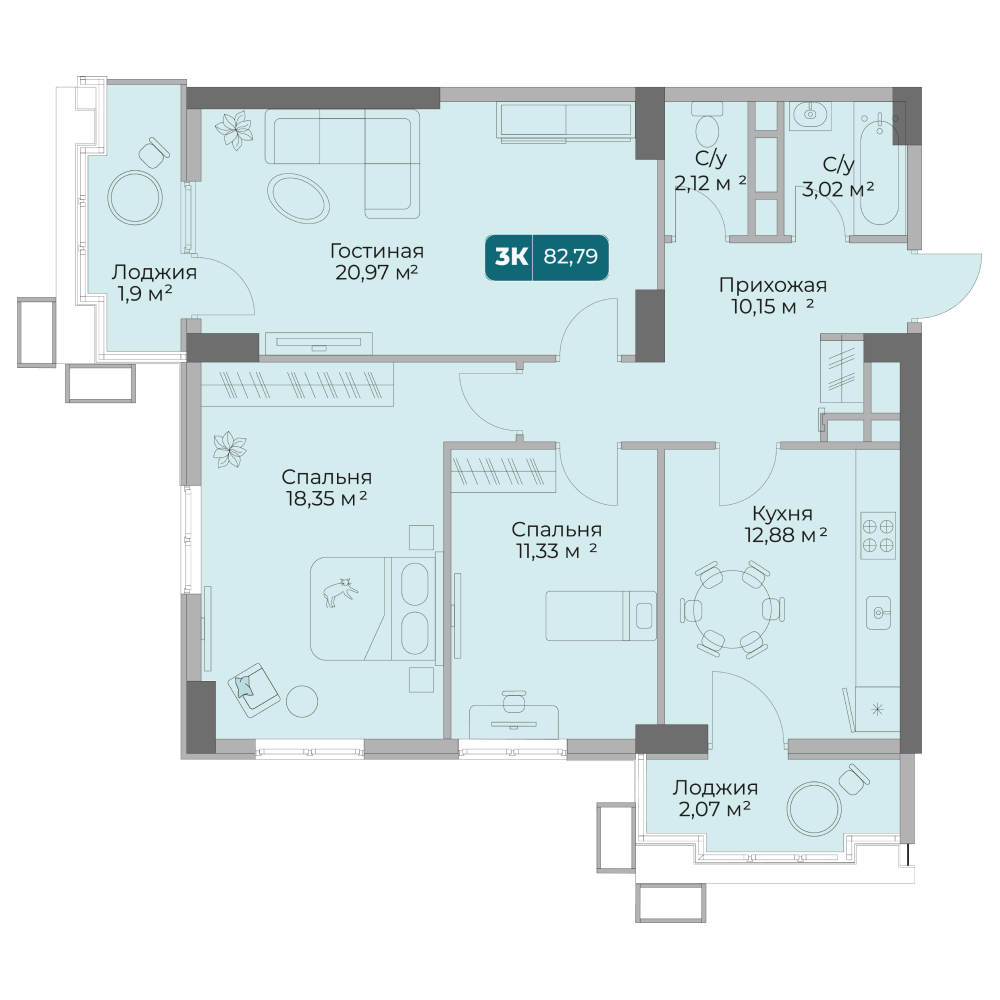 Планировка 3-комнатная 82,79 м²