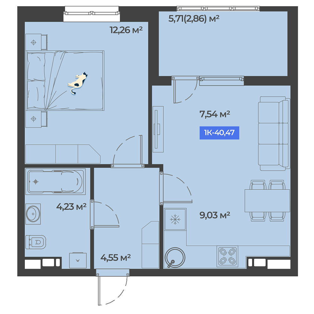 Планировка 1-комнатная 40,47 м²