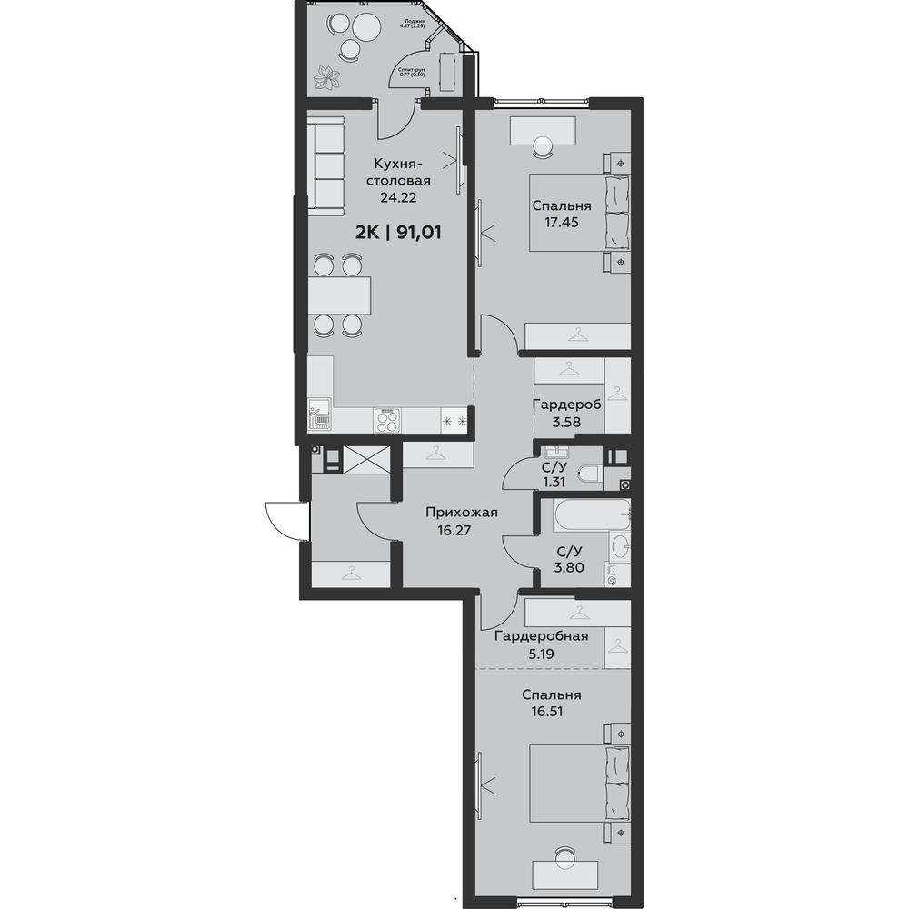 Планировка 2-комнатная 91,01 м²