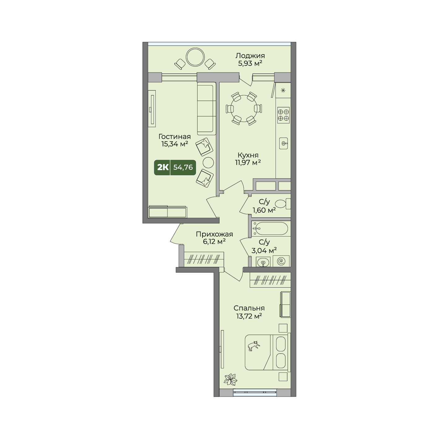 Планировка 2-комнатная 54,76 м²