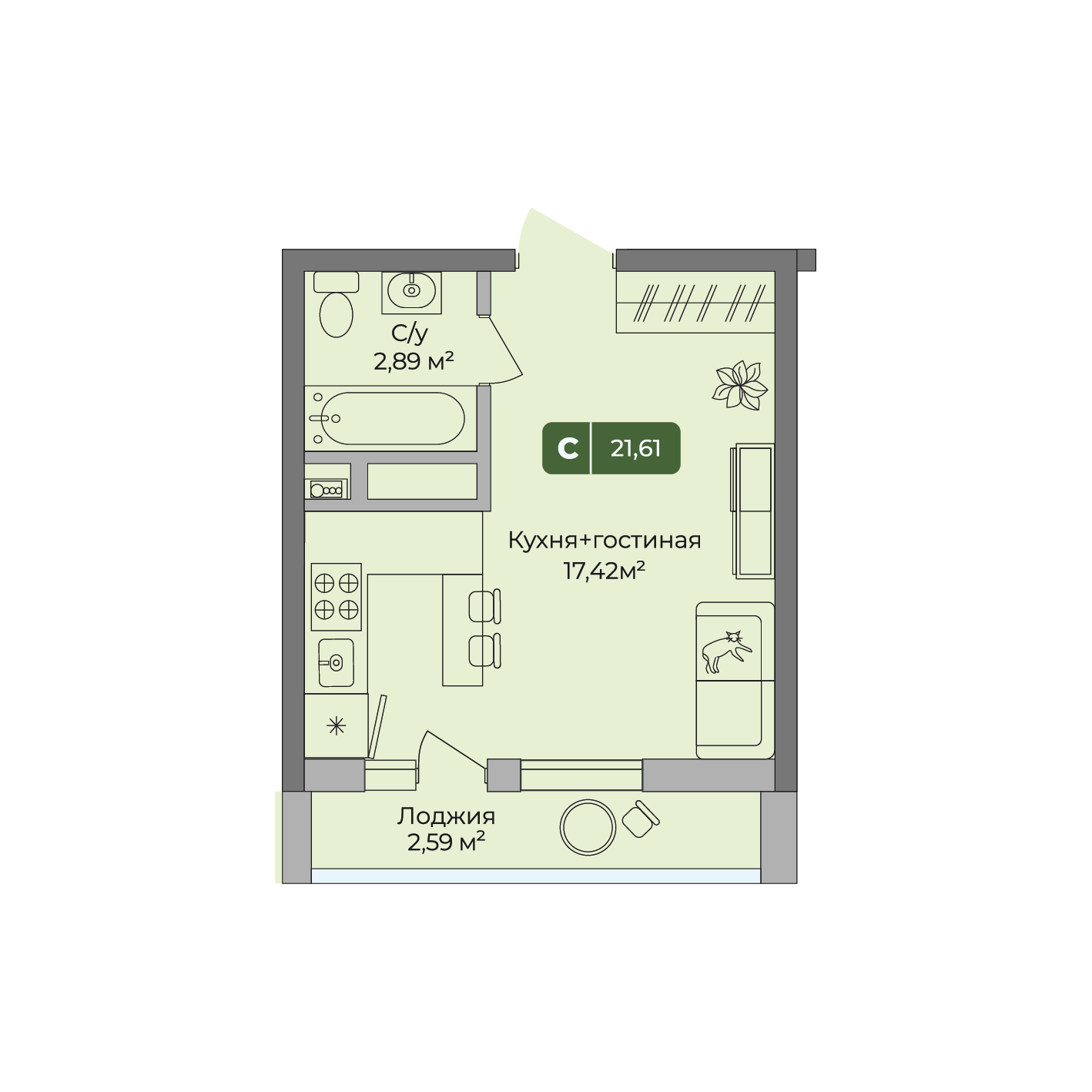 Планировка: Студия 21,6 м²