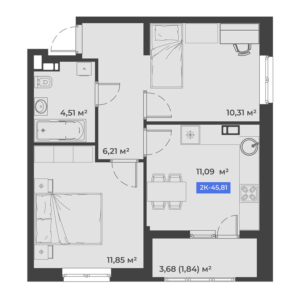 Планировка: 2-комн. квартира 45,8 м²