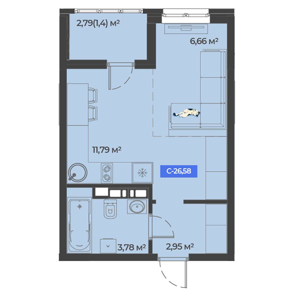 Планировка: Студия 26,6 м²