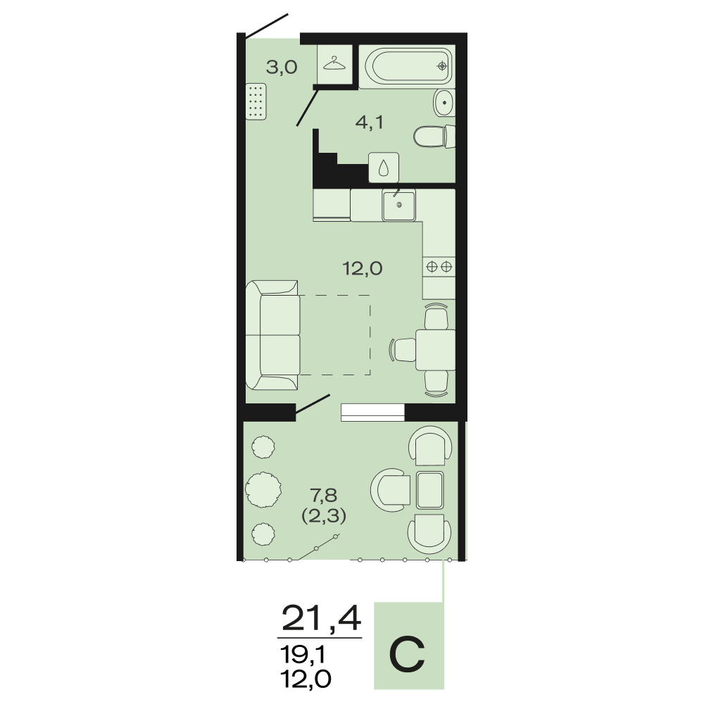 Планировка Студия 21,4 м²