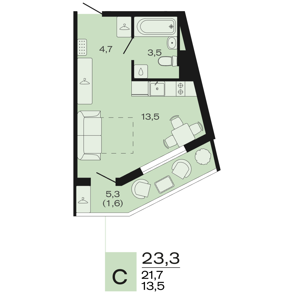 Планировка Студия 23,3 м²