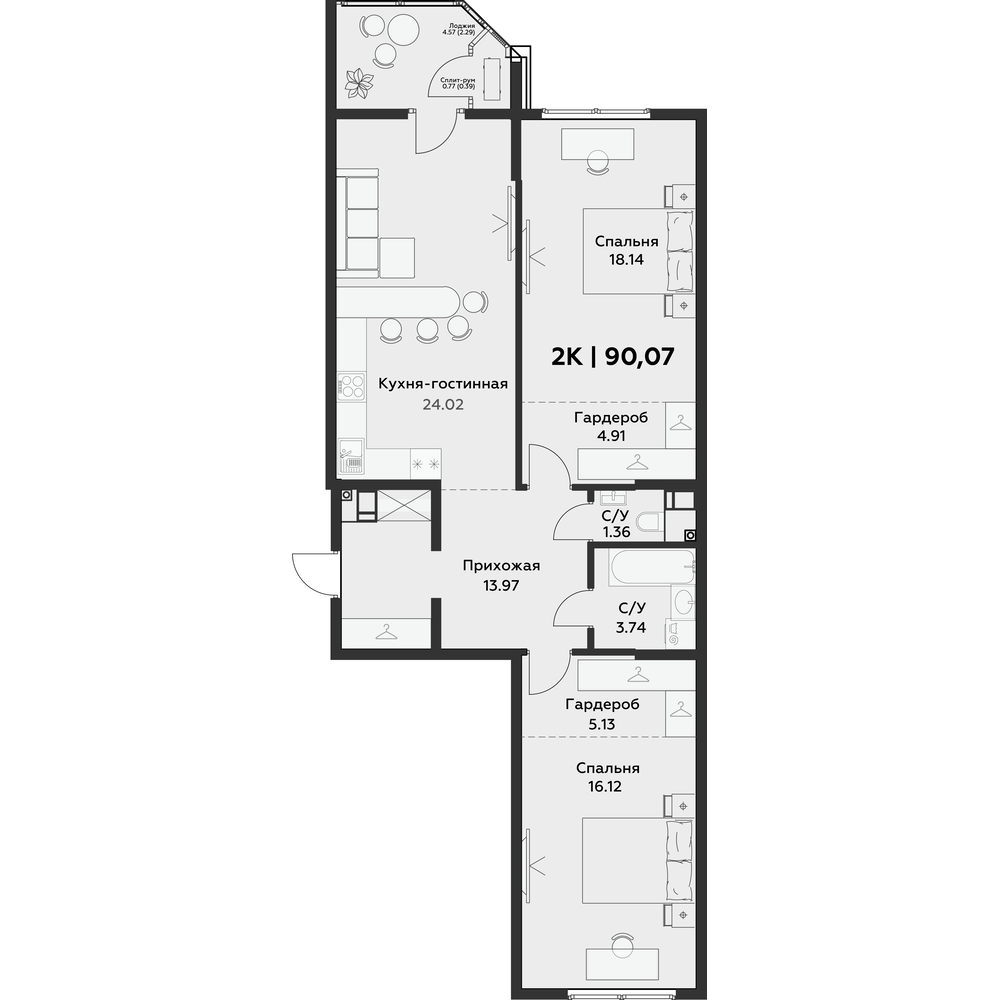 Планировка 2-комнатная 90,07 м²
