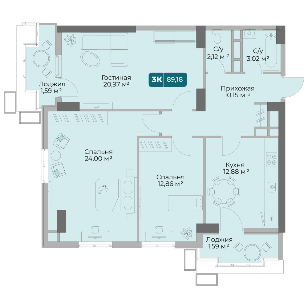 Планировка 3-комнатная 89,18 м²
