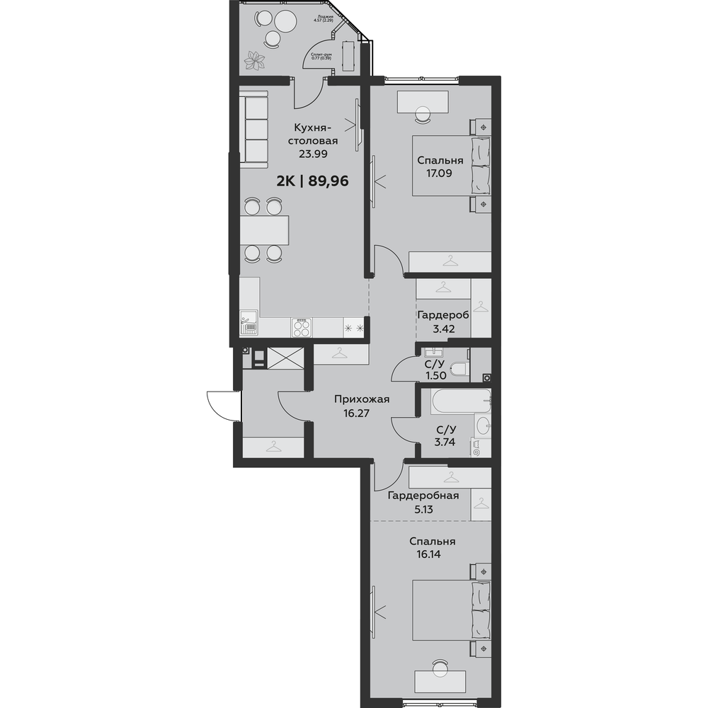 Планировка: 2-комн. квартира 90 м²
