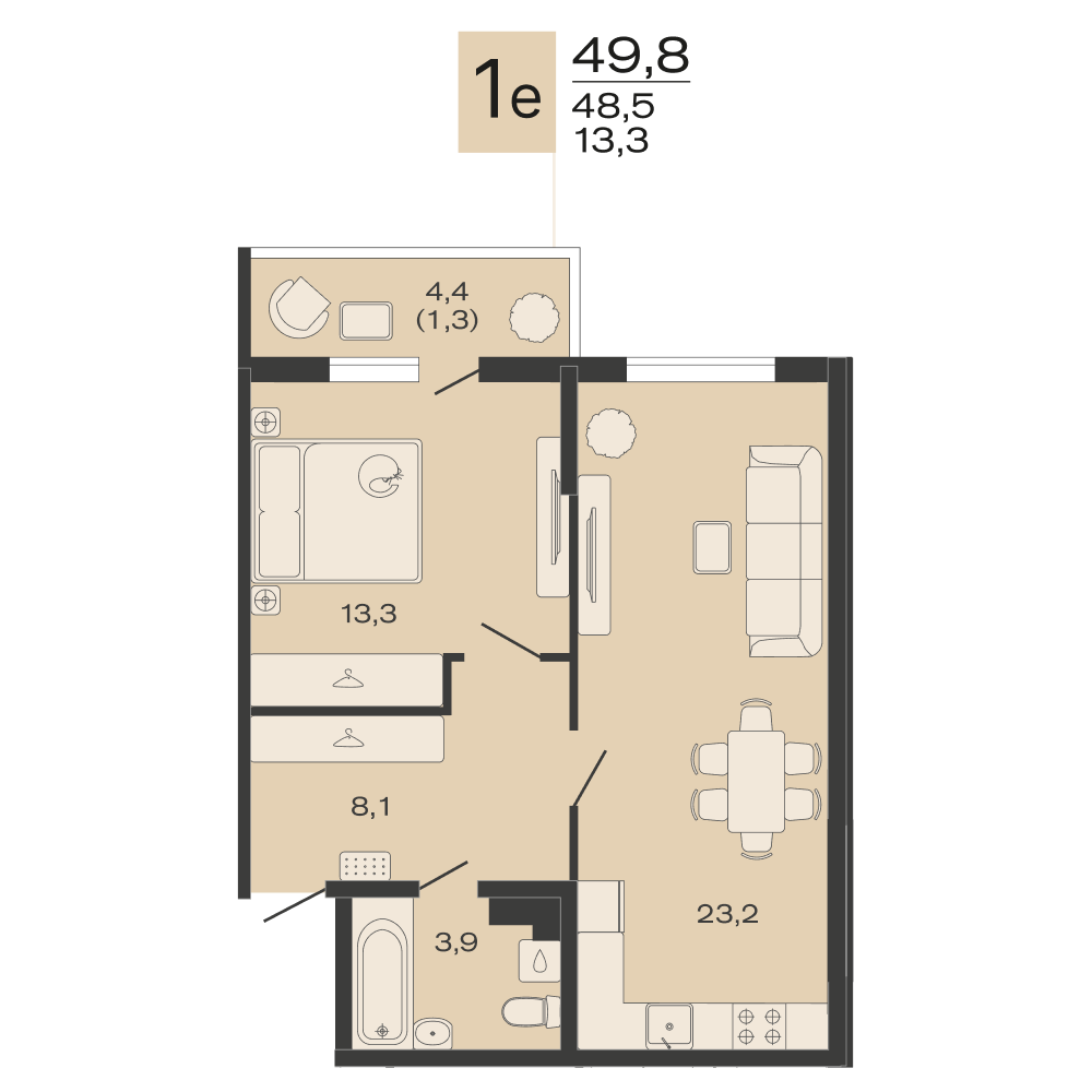 Планировка: 1-комн. квартира 49,8 м²