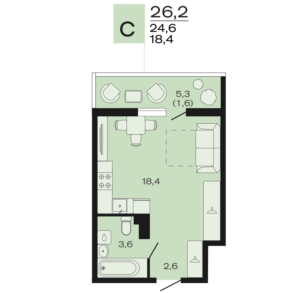 Планировка: Студия 26,2 м²