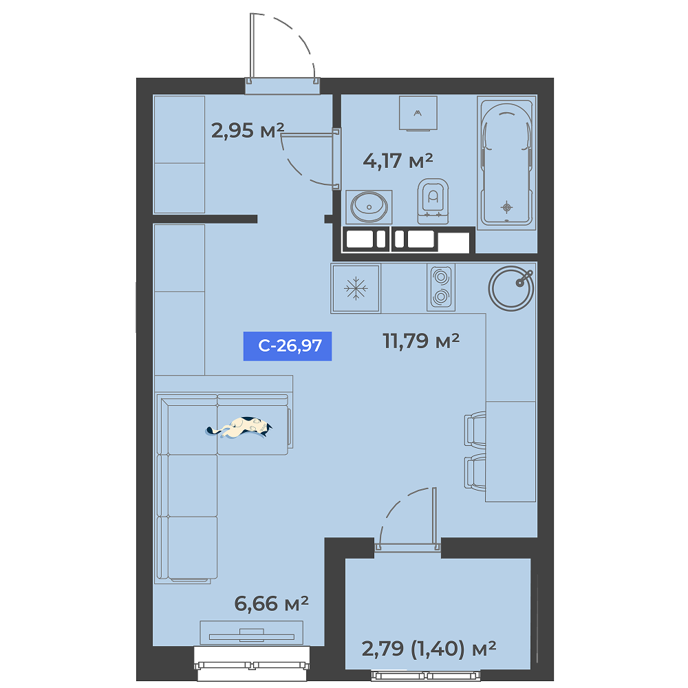 Планировка: Студия 27 м²