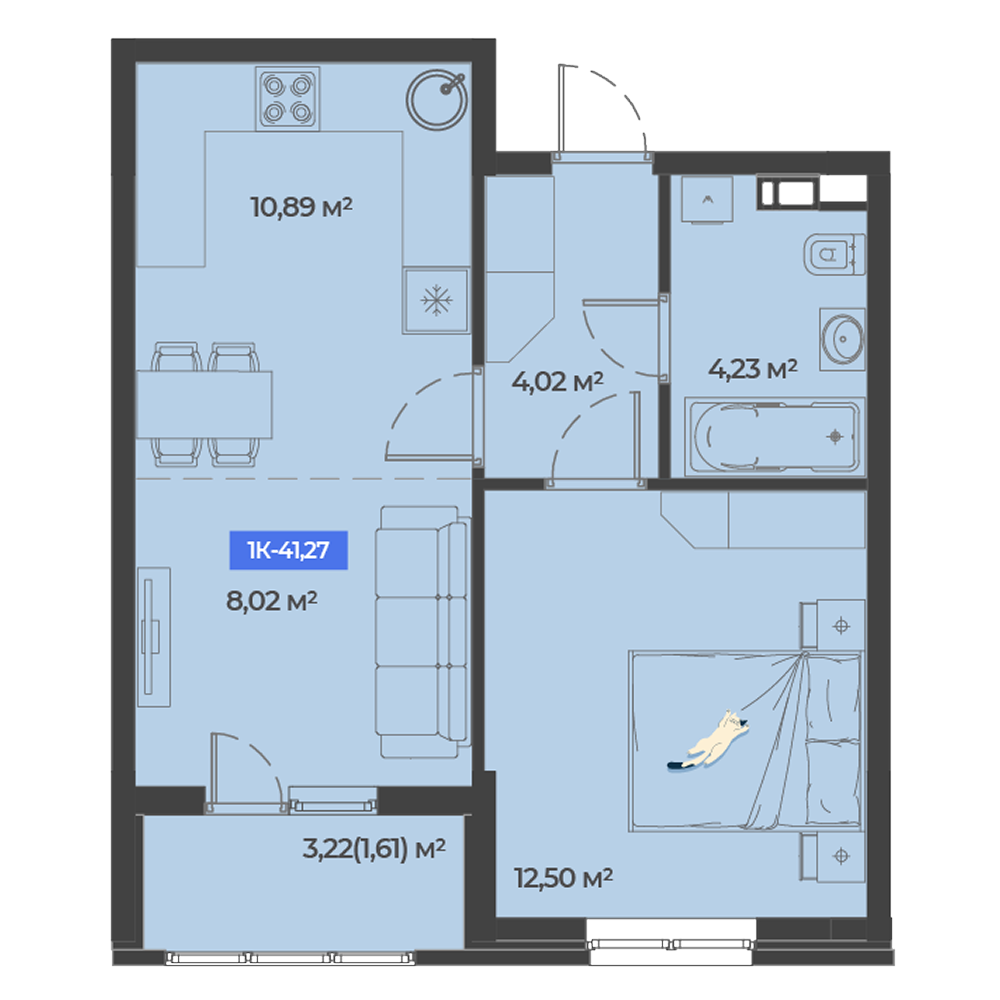 Планировка 1-комнатная 41,27 м²
