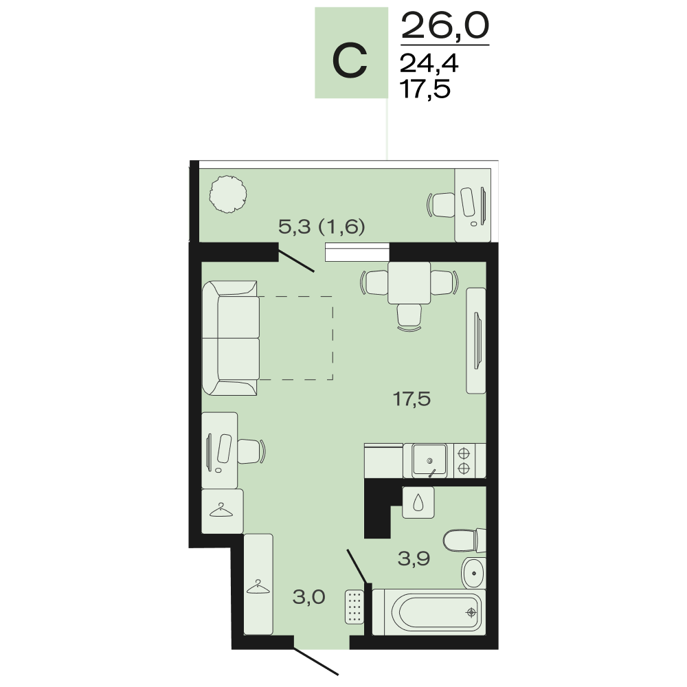 Планировка Студия 26 м²